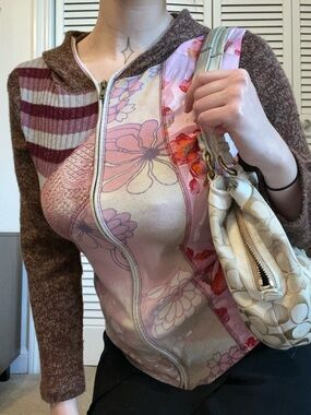 Vintage Vanilla Sugar Floral Patchwork Zip Sweater - Pink & Brown